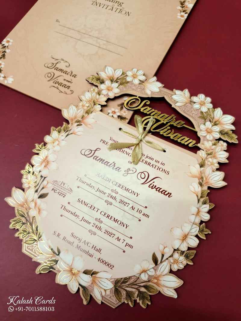 KLB-961 Orange Floral Couple Name Laser Cut MDF Thick Wedding Card (2 Page)-Kalash Cards