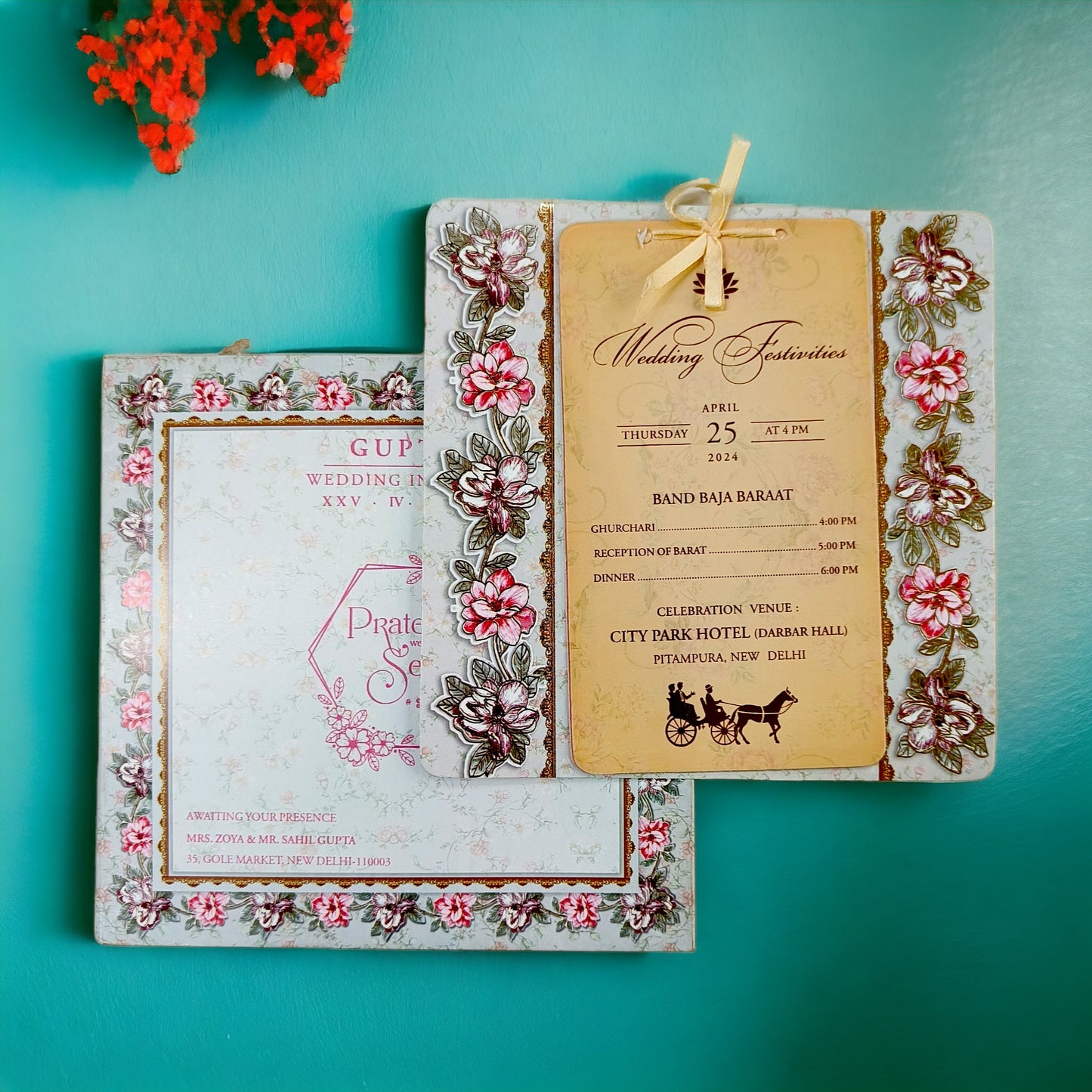 KLB580 Floral Design Paper Wedding Card with 2 Inserts & 1 Transparent Insert-Kalash Cards