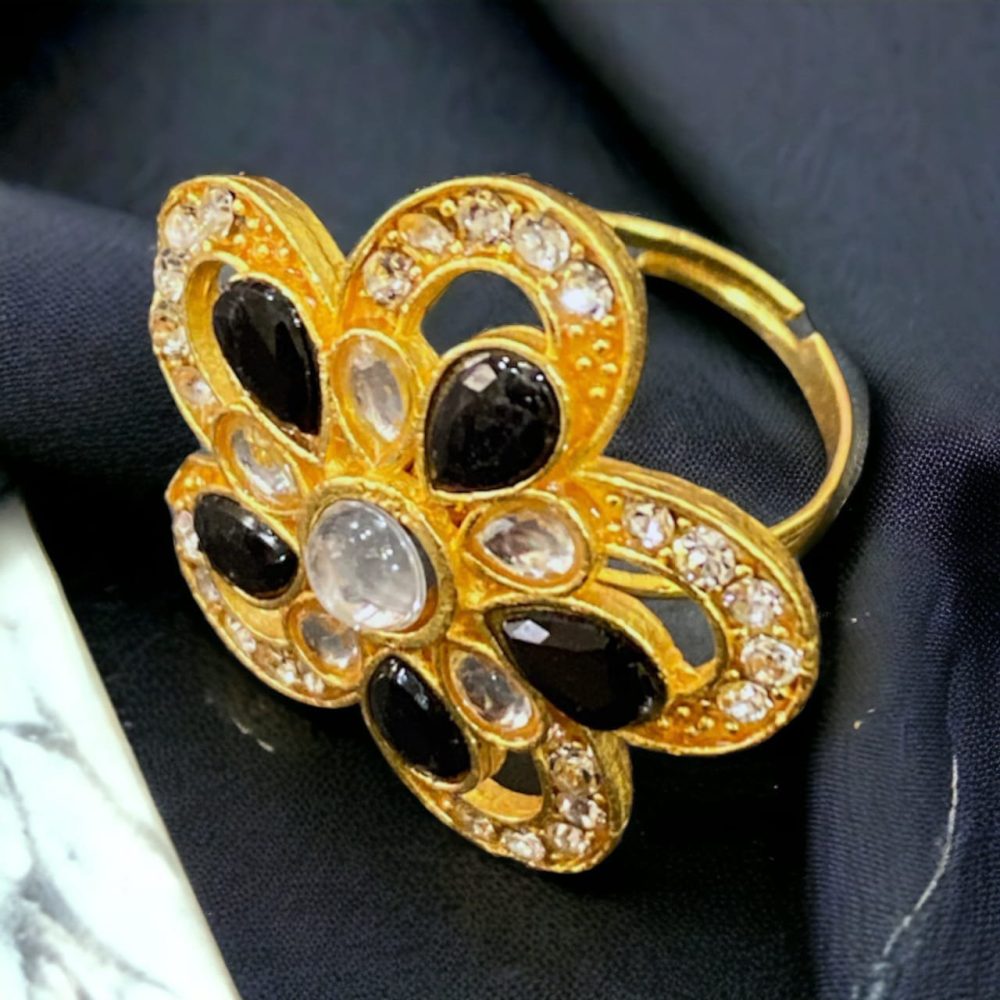 Black Kundan and Stone American Diamond Studded Flower Design Ring-Kalash Cards
