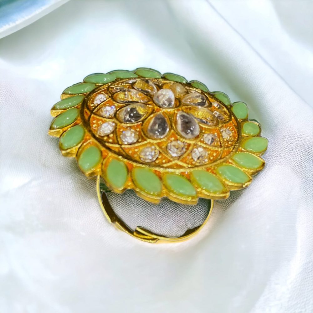AD Kundan and Green Stone Flower Design Ring-Kalash Cards