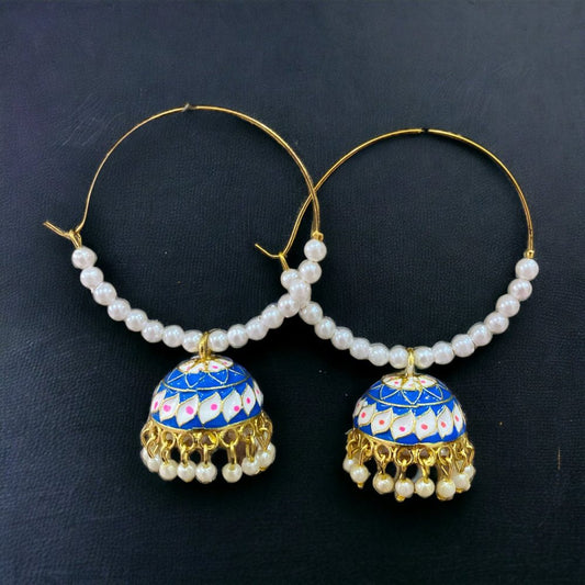 Pearl Hoop Jhumka Earrings Gold Blue Color-Kalash Cards