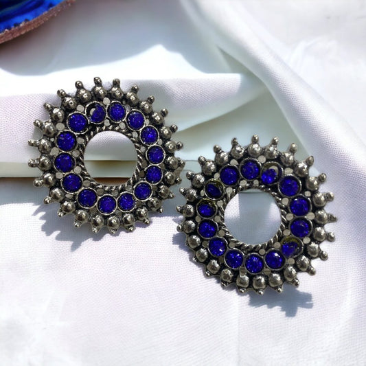 Silver Oxidised Stud Earrings with Blue Diamonds-Kalash Cards
