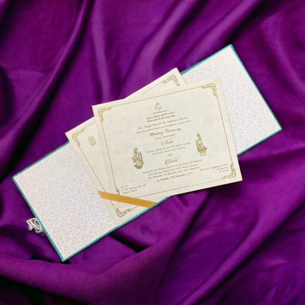 KL9013 Door Style Rexine Fabric Thick Luxury Wedding Card with Envelope (2 Inserts) - Kalash Cards