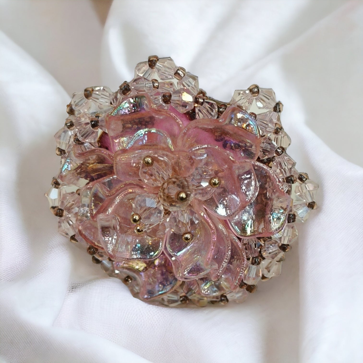 Pink Colour Korean Flower Design 3D Crystal Adjustable Ring