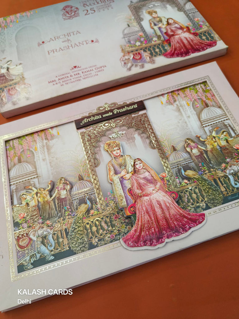 KLB629 Royal Barat Theme Padding Hardboard Thick Wedding Card (2 Thick Page & Couple Name Plate)-Kalash Cards