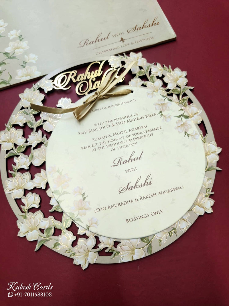 KLB788 Floral Design Creme Color Couple Name Laser Cut MDF Thick Wedding Card (2 Page)