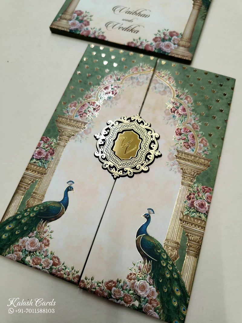 KLB806 Peacock Design Blue Green Color Double Door Style Wedding Card (2 Page & Couple Initial Acrylic)