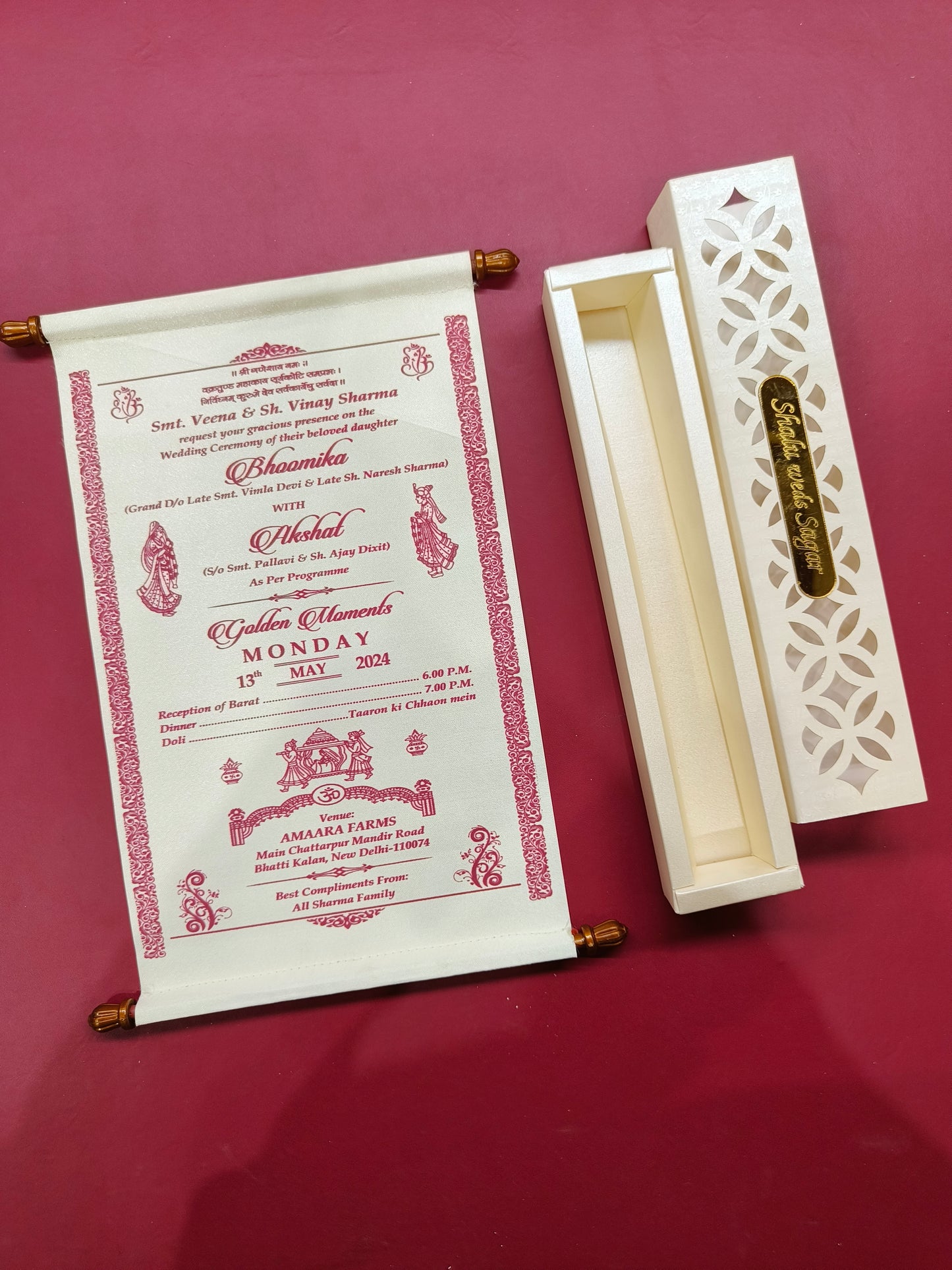 KL34 Premium Satin Fabric Scroll Wedding Card with Laser Cut Box and Couple Name Mirror-Kalash Cards