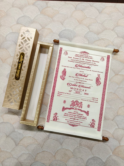 KL33 Premium Satin Fabric Scroll Wedding Card with Laser Cut Box and Couple Name Mirror-Kalash Cards