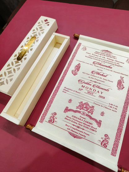 KL32 Premium Satin Fabric Scroll Wedding Card with Laser Cut Box and Couple Name Mirror-Kalash Cards