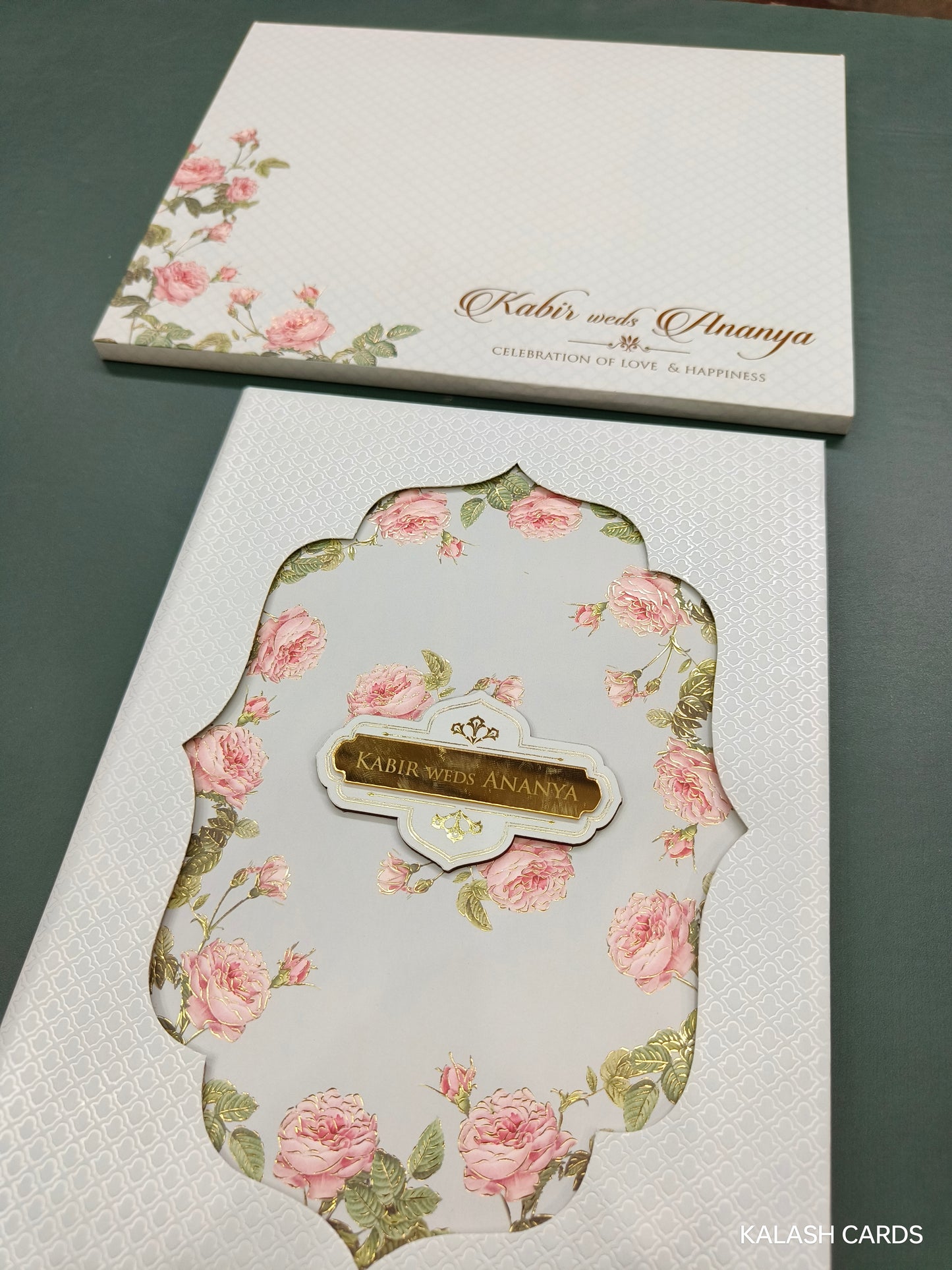 KLB695 Floral Theme Hardbound Padding Thick Wedding Card with Couple Name Acrylic Mirror-Kalash Cards