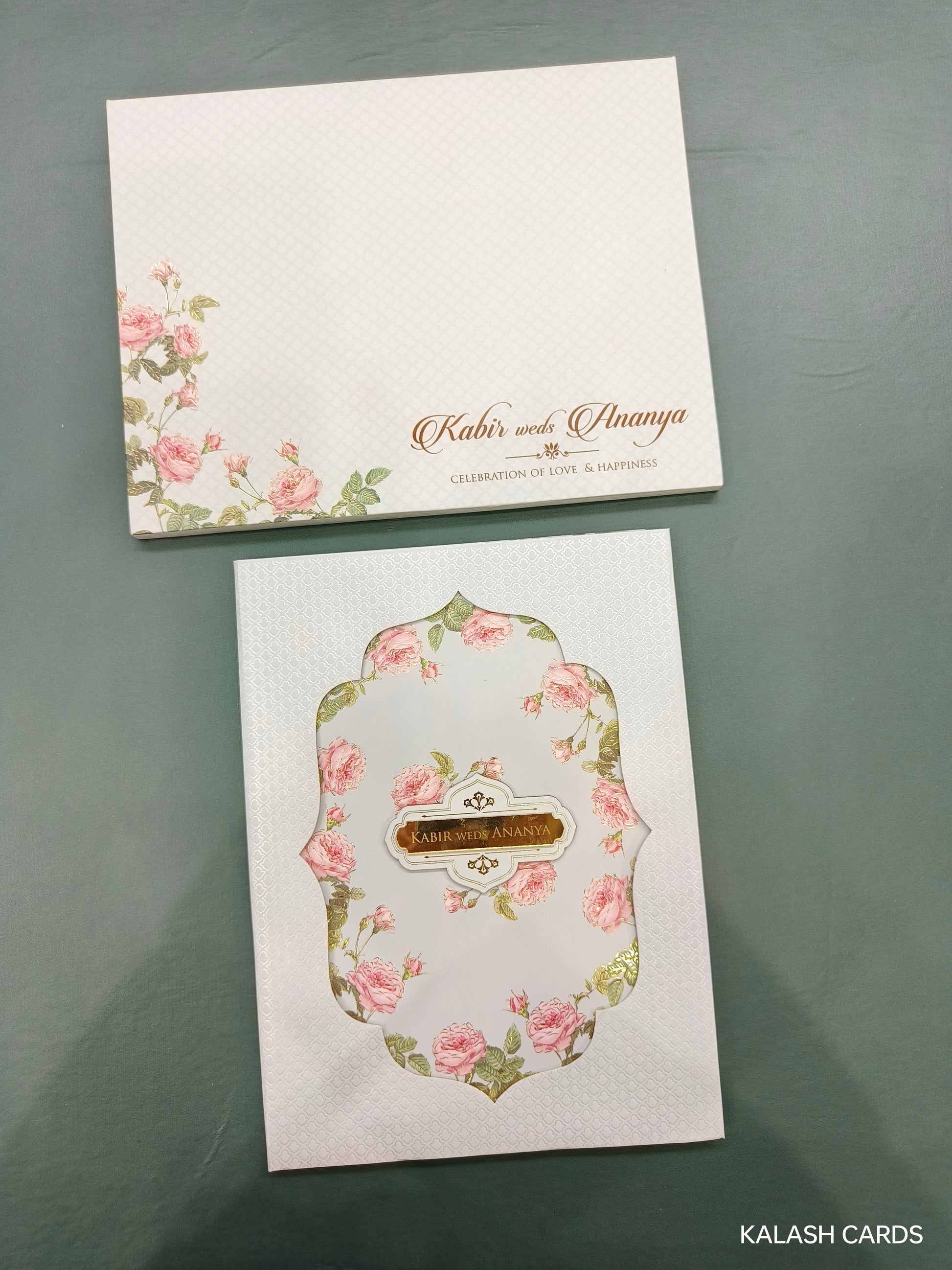 KLB695 Floral Theme Hardbound Padding Thick Wedding Card with Couple Name Acrylic Mirror-Kalash Cards