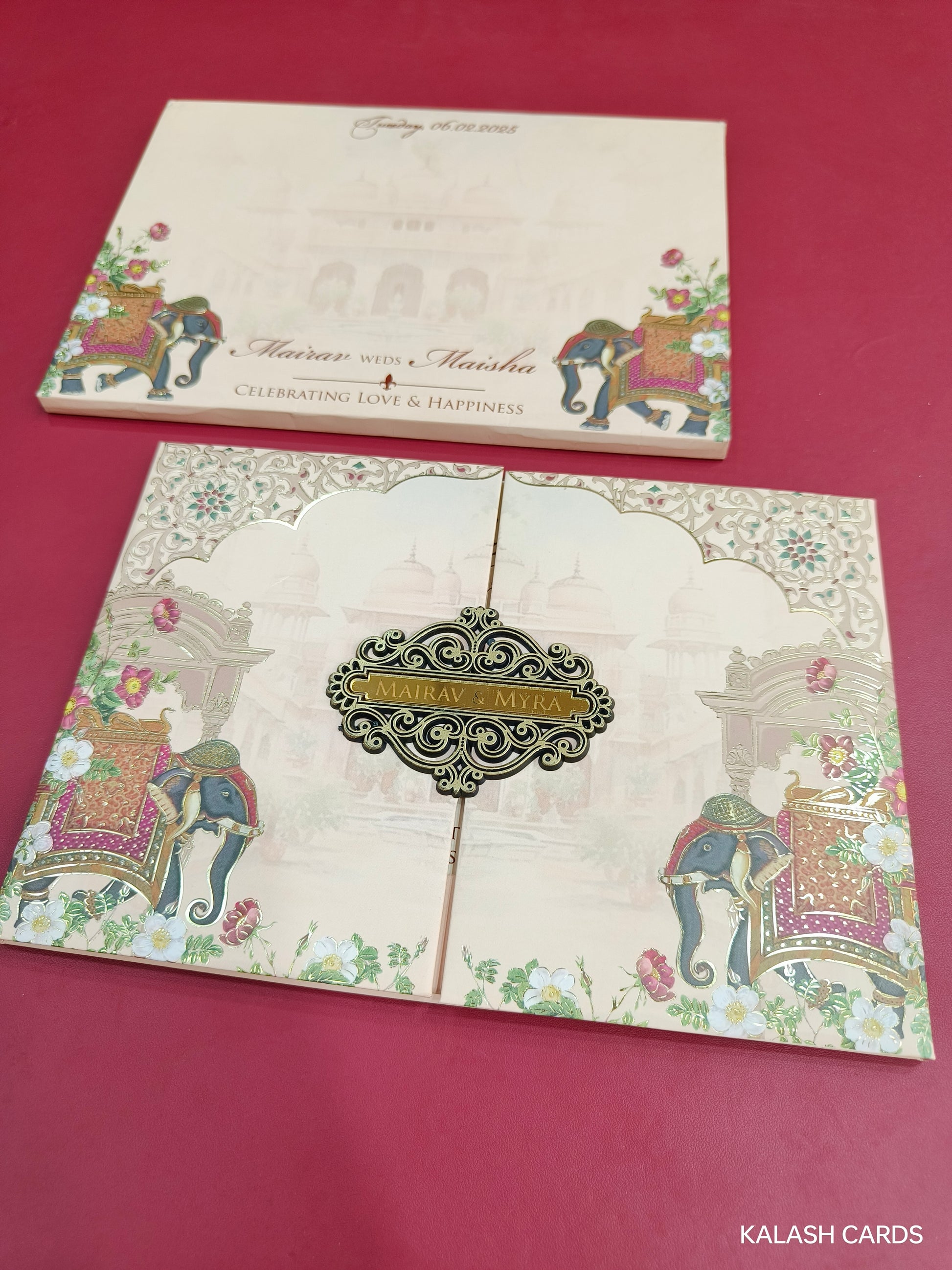 KLB705 Royal Elephant Design Door Opening Style Hardbound Padding Thick Wedding Card with Couple Name Acrylic Mirror-Kalash Cards