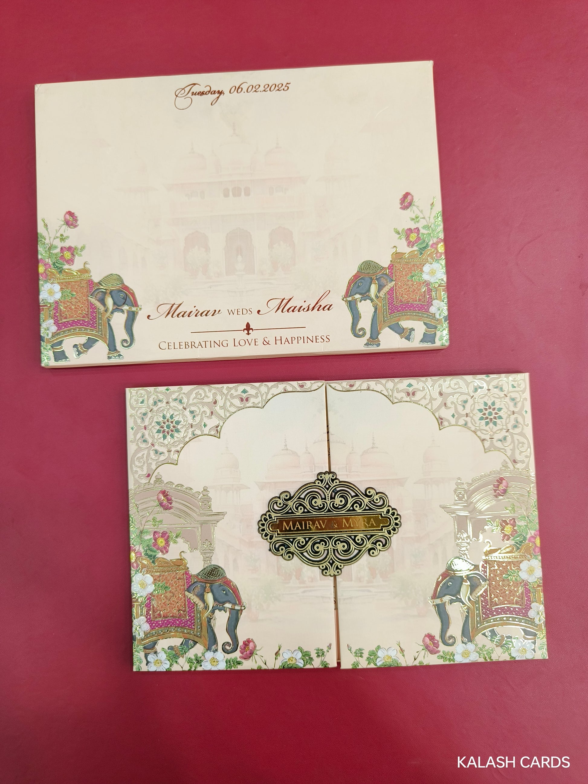 KLB705 Royal Elephant Design Door Opening Style Hardbound Padding Thick Wedding Card with Couple Name Acrylic Mirror-Kalash Cards