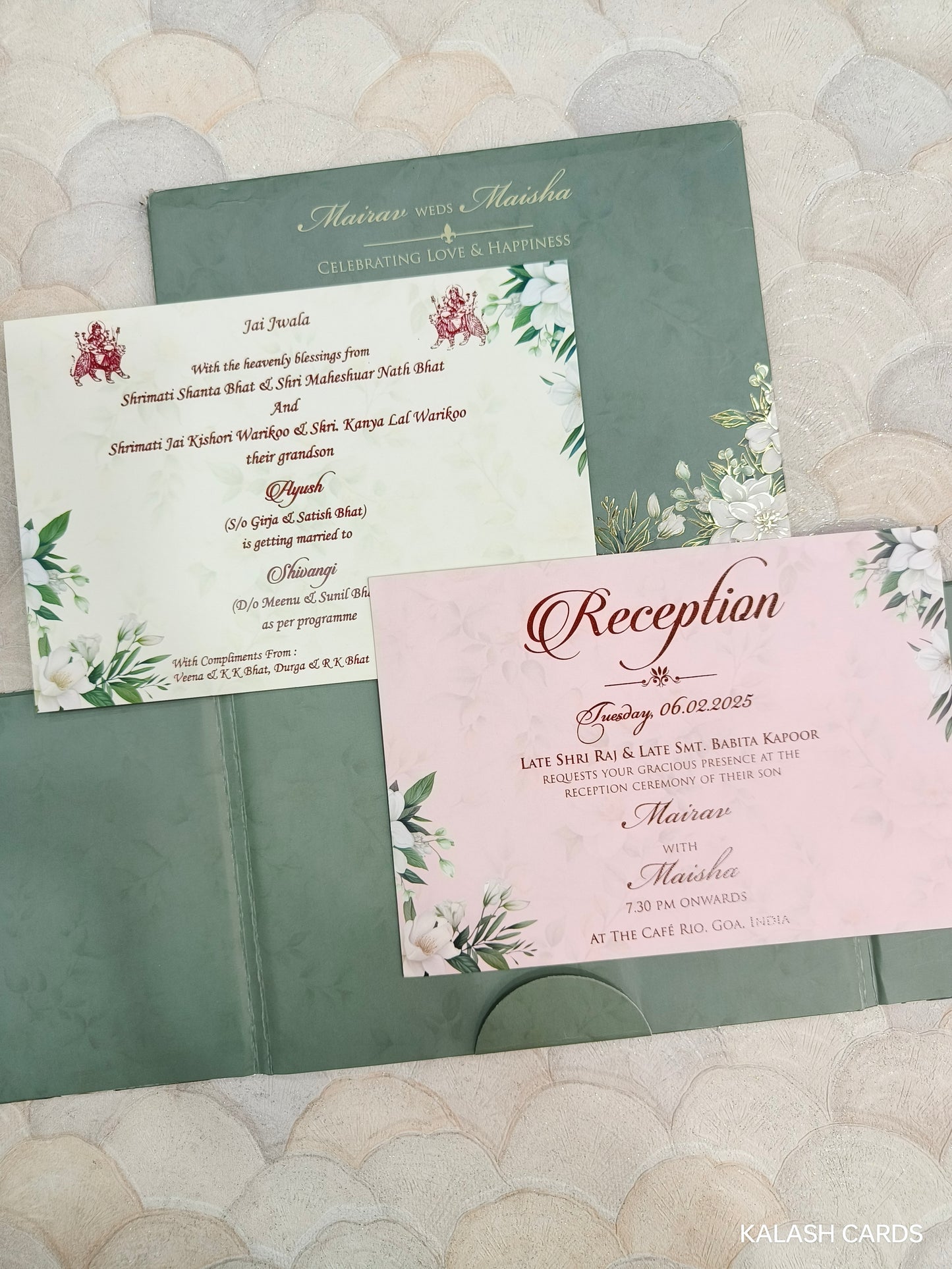 KLB706 Floral Design Door Opening Style Hardbound Padding Thick Wedding Card with Couple Name Acrylic Mirror-Kalash Cards