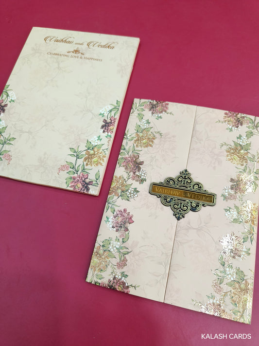 KLB707 Floral Design Door Opening Style Hardbound Padding Thick Wedding Card with Couple Name Acrylic Mirror-Kalash Cards