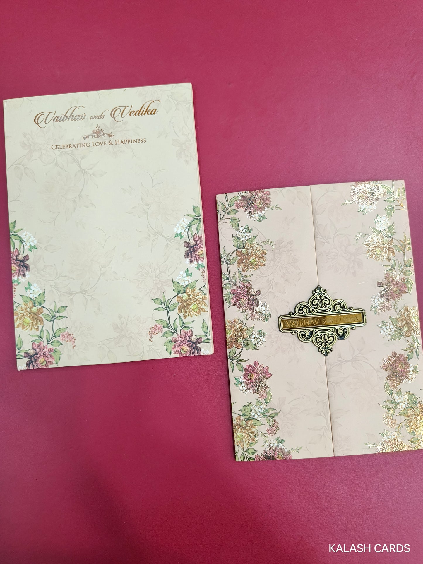 KLB707 Floral Design Door Opening Style Hardbound Padding Thick Wedding Card with Couple Name Acrylic Mirror-Kalash Cards