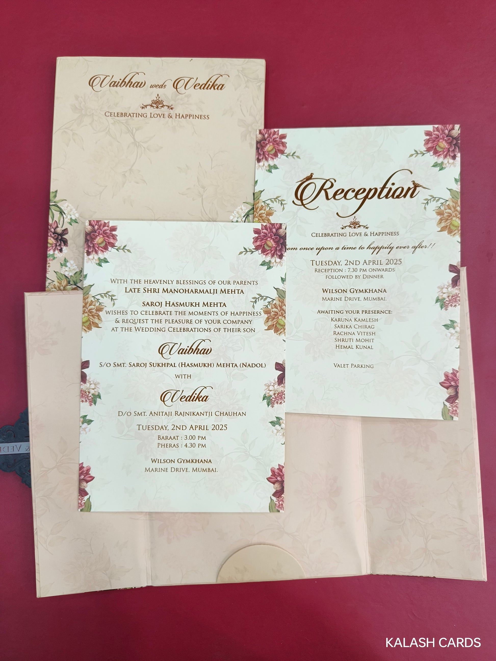 KLB707 Floral Design Door Opening Style Hardbound Padding Thick Wedding Card with Couple Name Acrylic Mirror-Kalash Cards