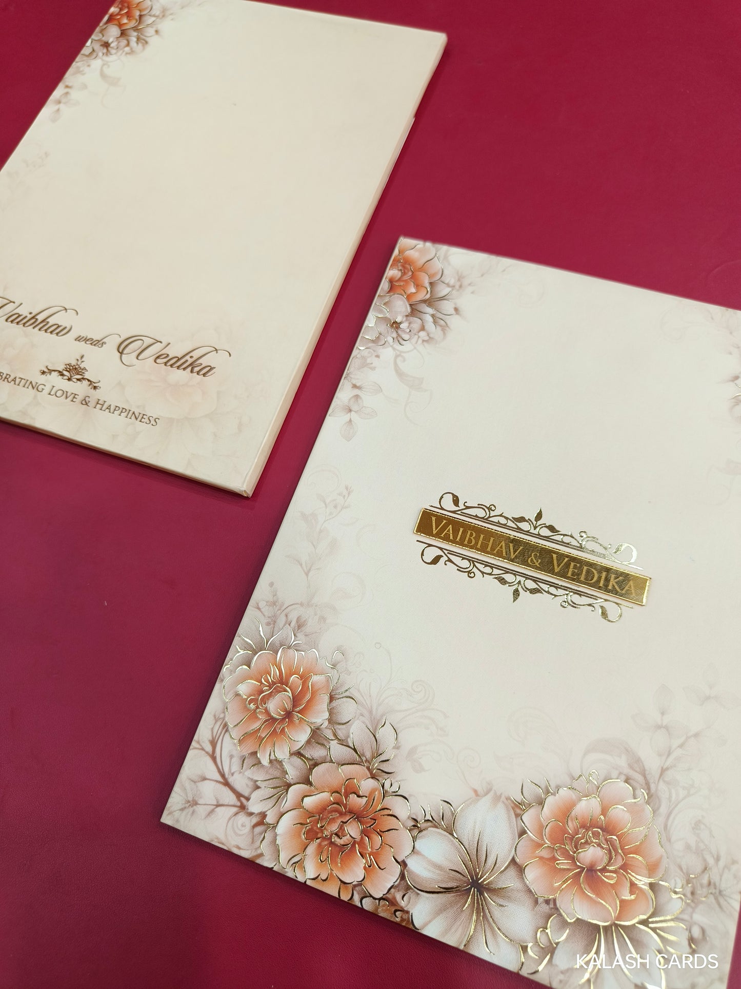 KLB708 Floral Design Hardbound Padding Thick Wedding Card with Couple Name Acrylic Mirror-Kalash Cards