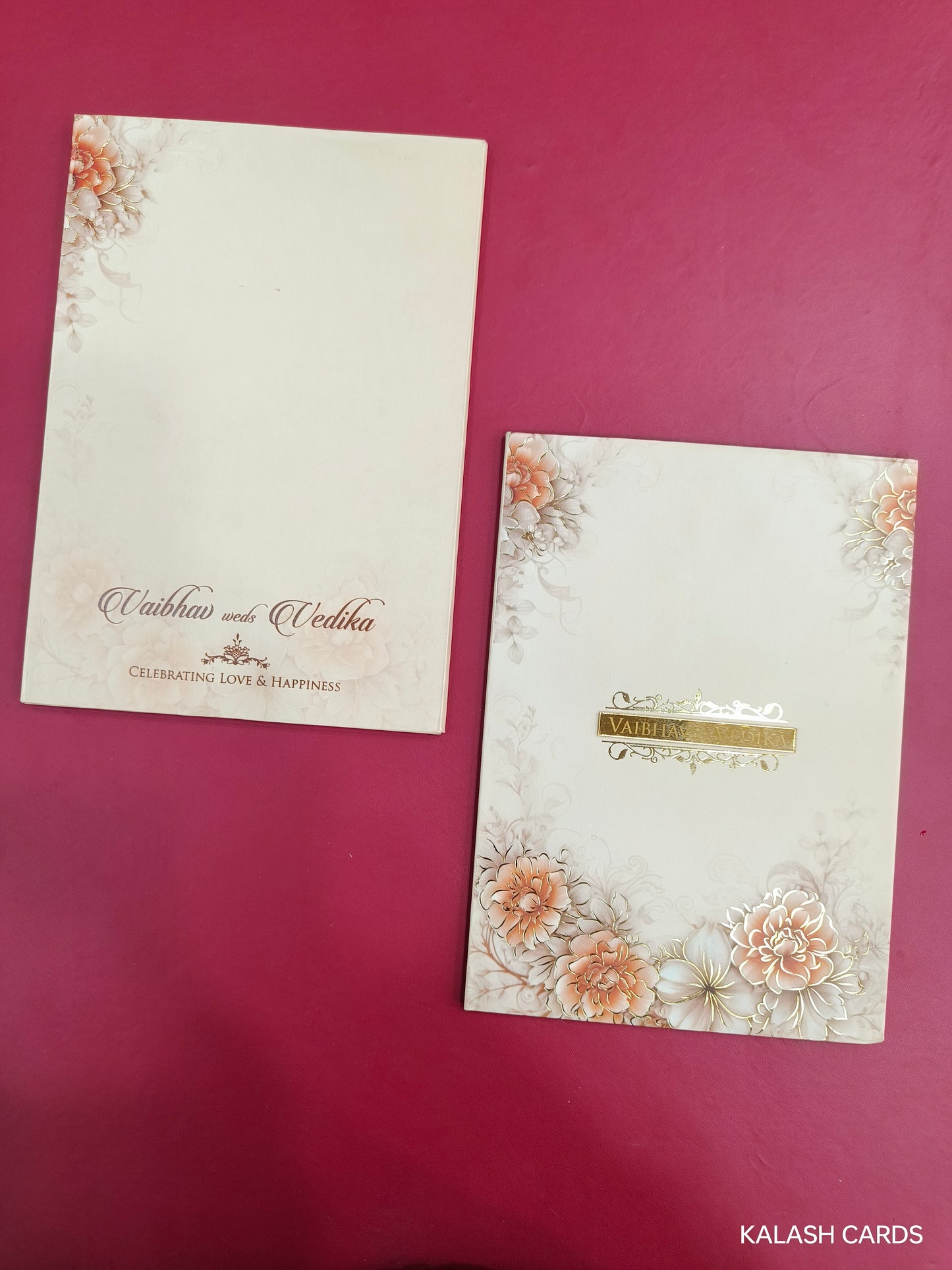 KLB708 Floral Design Hardbound Padding Thick Wedding Card with Couple Name Acrylic Mirror-Kalash Cards