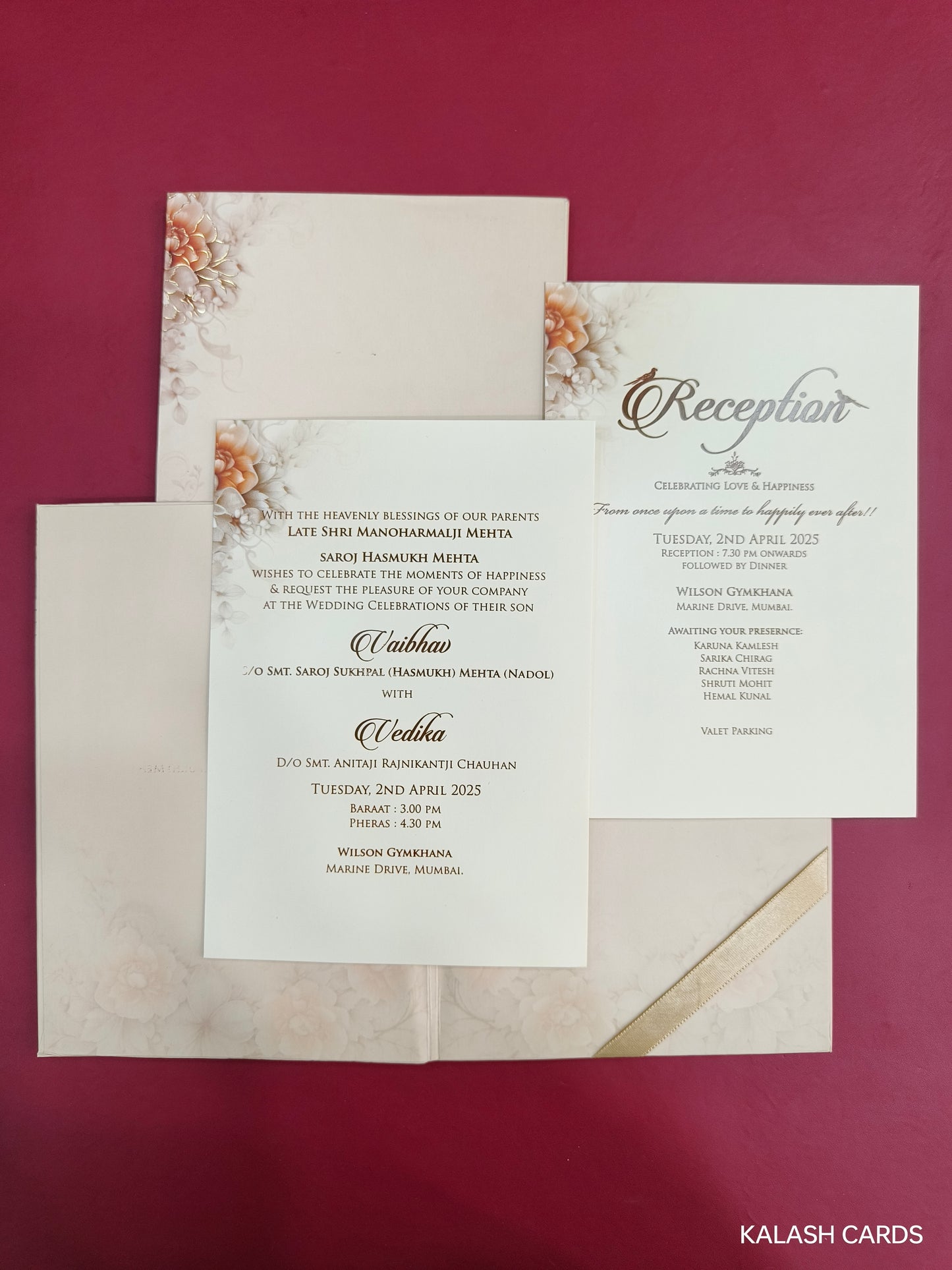 KLB708 Floral Design Hardbound Padding Thick Wedding Card with Couple Name Acrylic Mirror-Kalash Cards