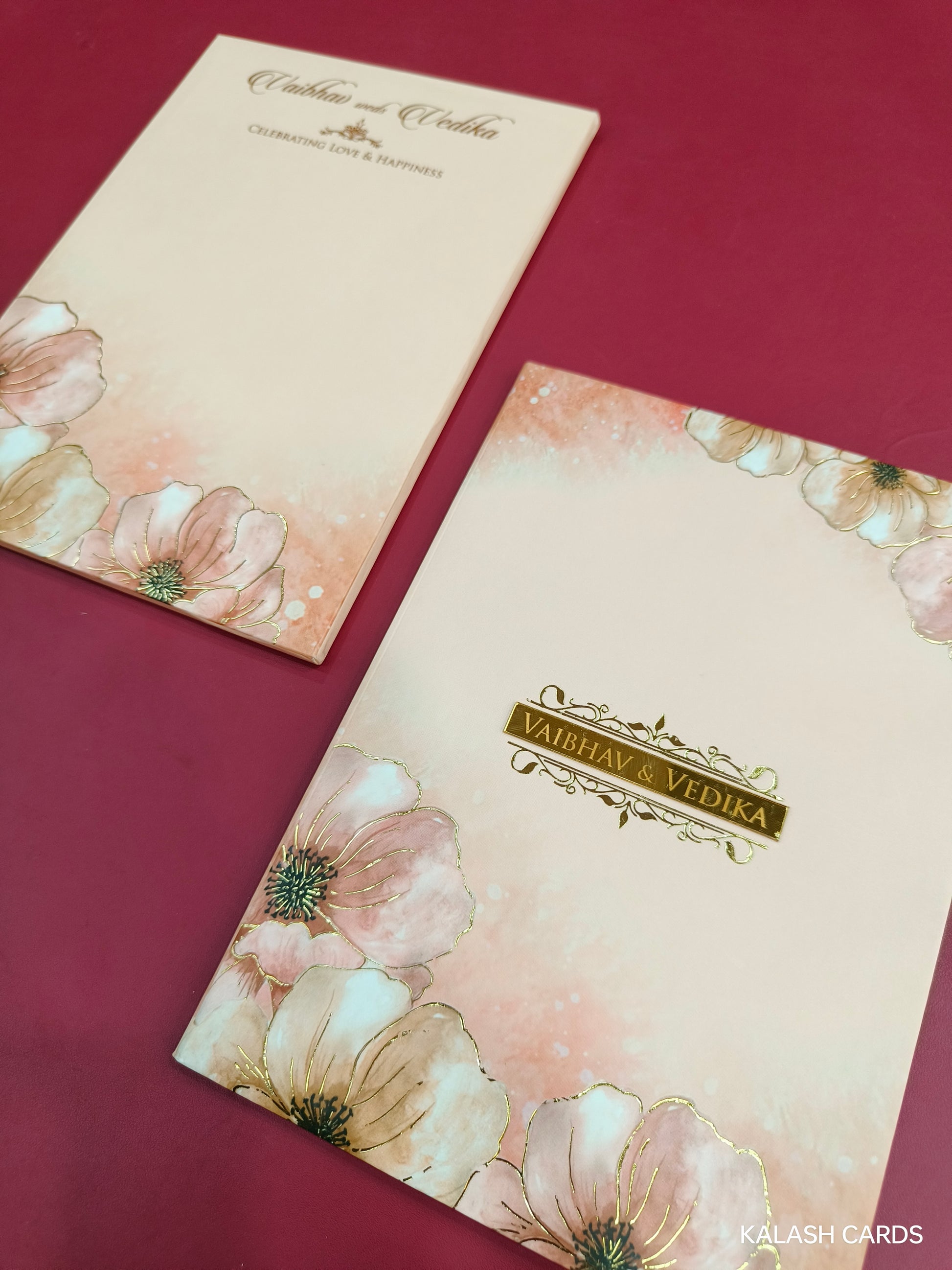 KLB709 Floral Design Hardbound Padding Thick Wedding Card with Couple Name Acrylic Mirror-Kalash Cards