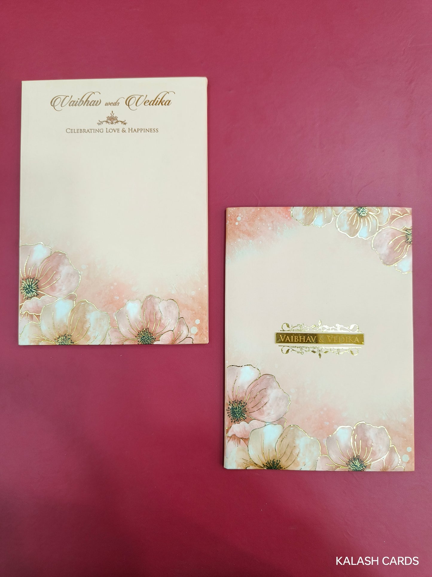 KLB709 Floral Design Hardbound Padding Thick Wedding Card with Couple Name Acrylic Mirror-Kalash Cards