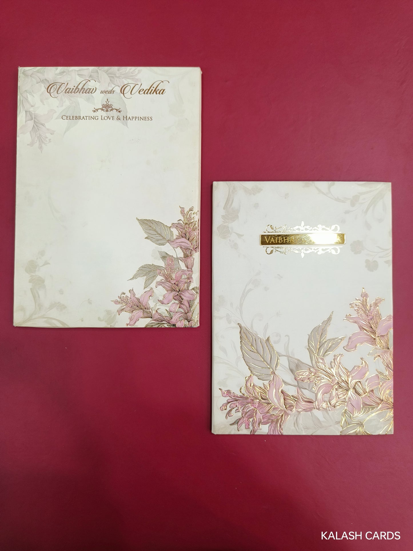 KLB710 Floral Design Hardbound Padding Thick Wedding Card with Couple Name Acrylic Mirror-Kalash Cards