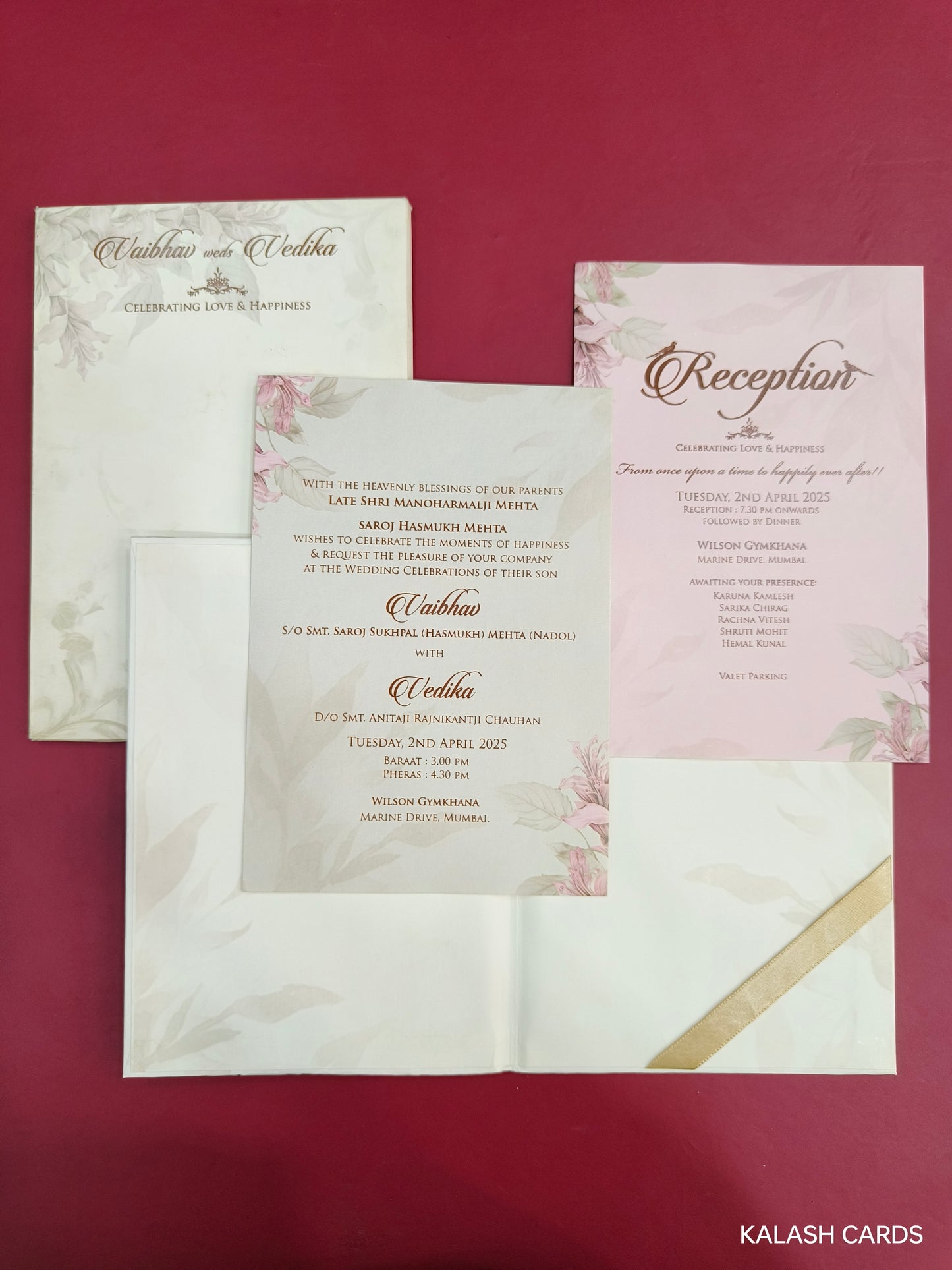 KLB710 Floral Design Hardbound Padding Thick Wedding Card with Couple Name Acrylic Mirror-Kalash Cards