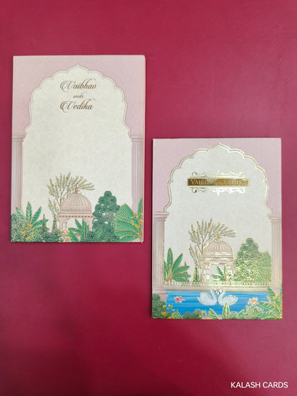 KLB711 Royal Design Hardbound Padding Thick Wedding Card with Couple Name Acrylic Mirror-Kalash Cards