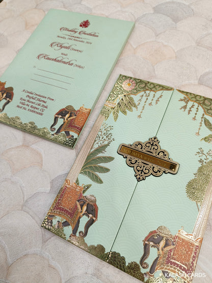 KLB713 Royal Elephant Design Hardbound Padding Thick Wedding Card with Couple Name Acrylic Mirror-Kalash Cards