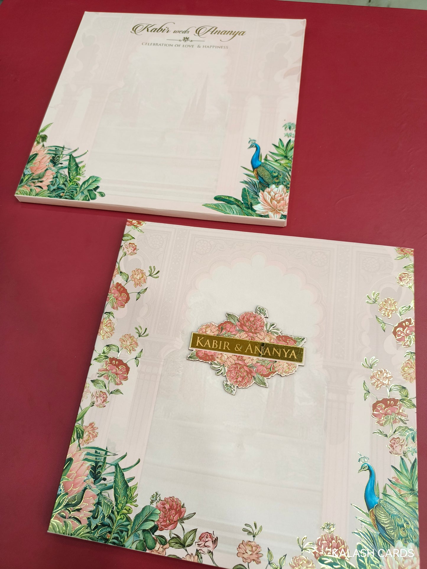 KLB715 Luxury Floral Design Harbound Padding Thick Wedding Card with Couple Name Acrylic Mirror-Kalash Cards