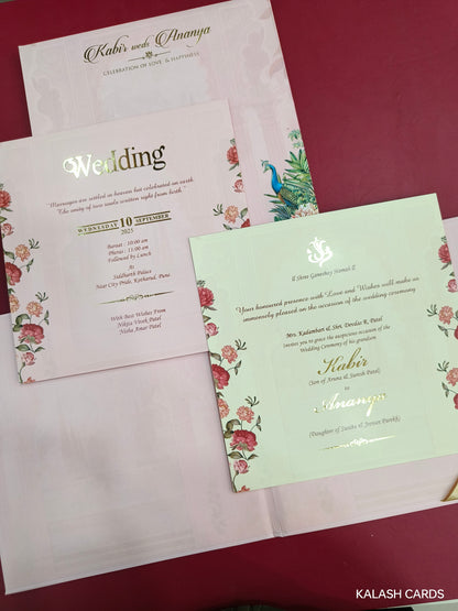 KLB715 Luxury Floral Design Harbound Padding Thick Wedding Card with Couple Name Acrylic Mirror-Kalash Cards