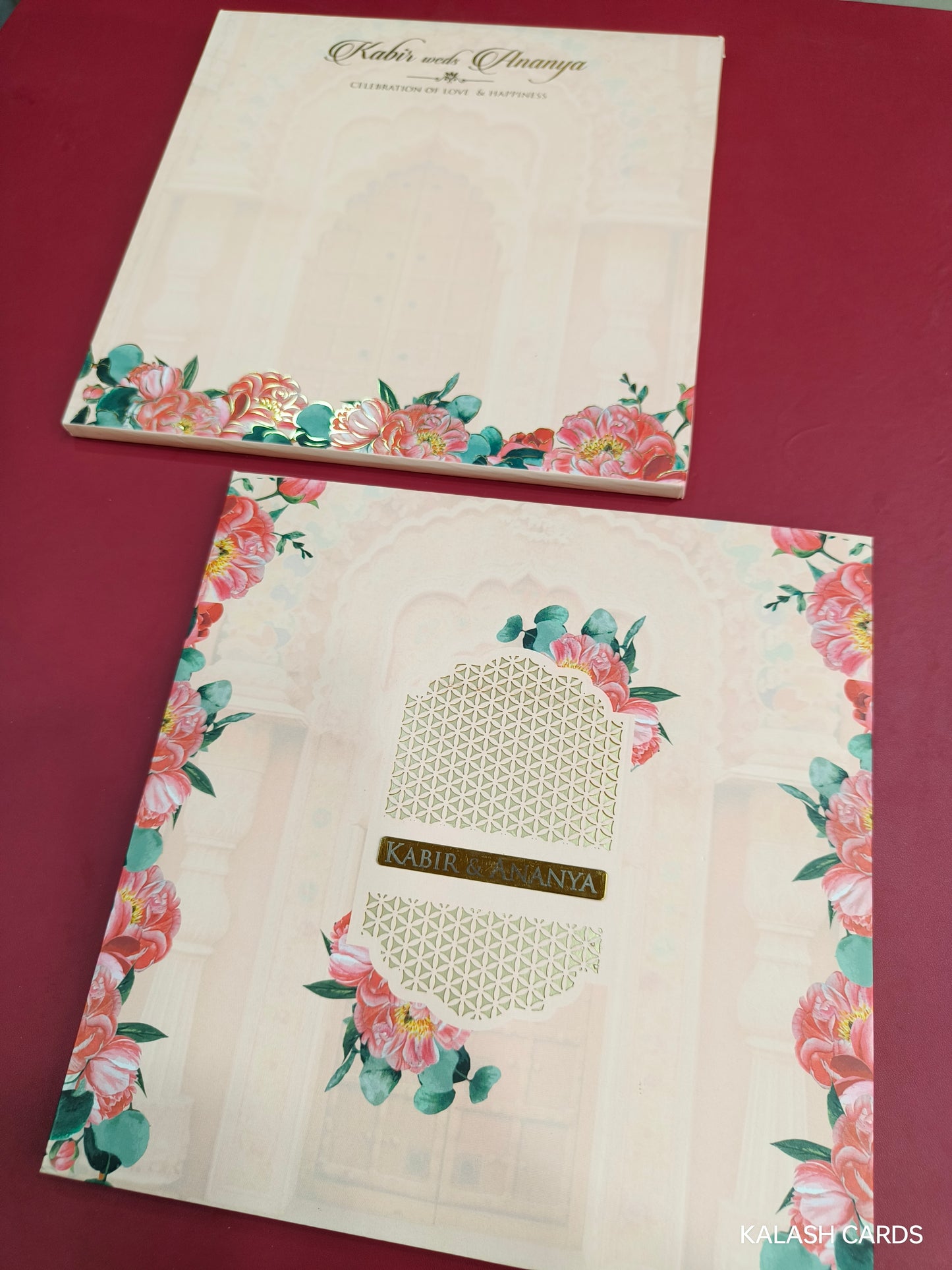 KLB716 Luxury Floral Design Harbound Padding Thick Wedding Card with Couple Name Acrylic Mirror-Kalash Cards