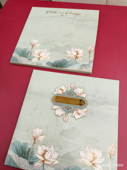 KLB717 Luxury Floral Design Harbound Padding Thick Wedding Card with Couple Name Acrylic Mirror-Kalash Cards