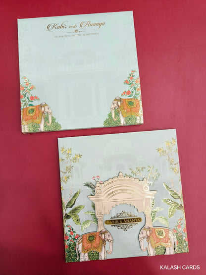 KLB718 Luxury Royal Elephant Design Harbound Padding Thick Wedding Card with Couple Name Acrylic Mirror-Kalash Cards