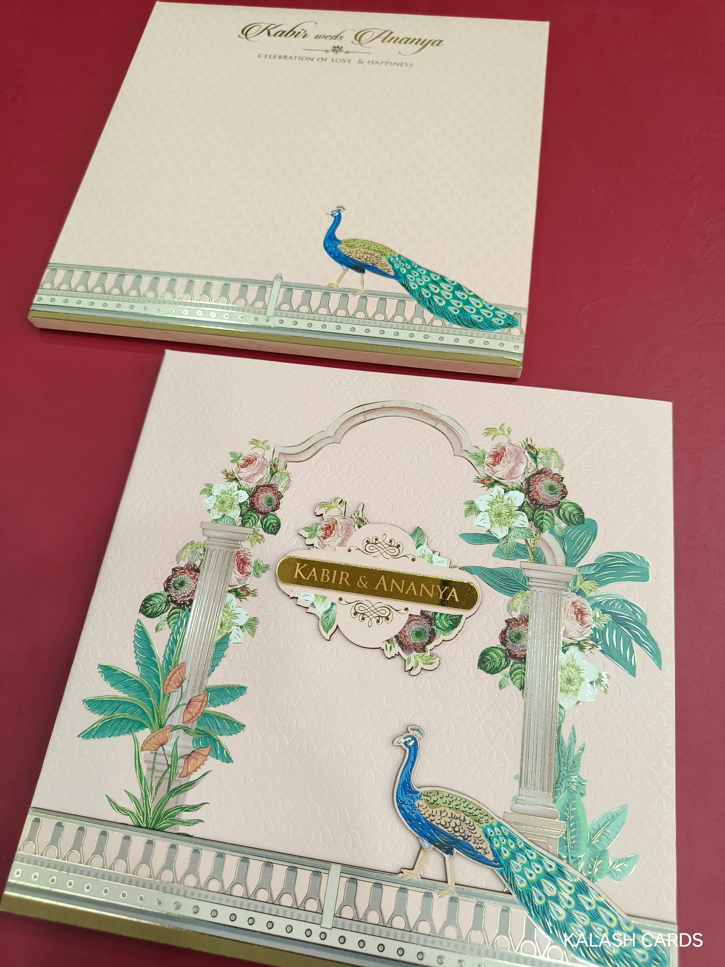 KLB719 Luxury Royal Peacock Floral Arch Design Harbound Padding Thick Wedding Card with Couple Name Acrylic Mirror-Kalash Cards