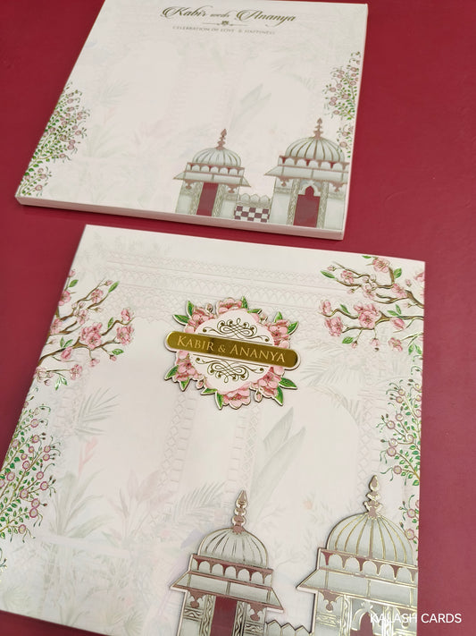 KLB720 Luxury Royal Fort Design Harbound Padding Thick Wedding Card with Couple Name Acrylic Mirror-Kalash Cards