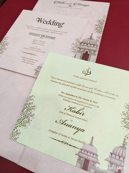 KLB720 Luxury Royal Fort Design Harbound Padding Thick Wedding Card with Couple Name Acrylic Mirror-Kalash Cards