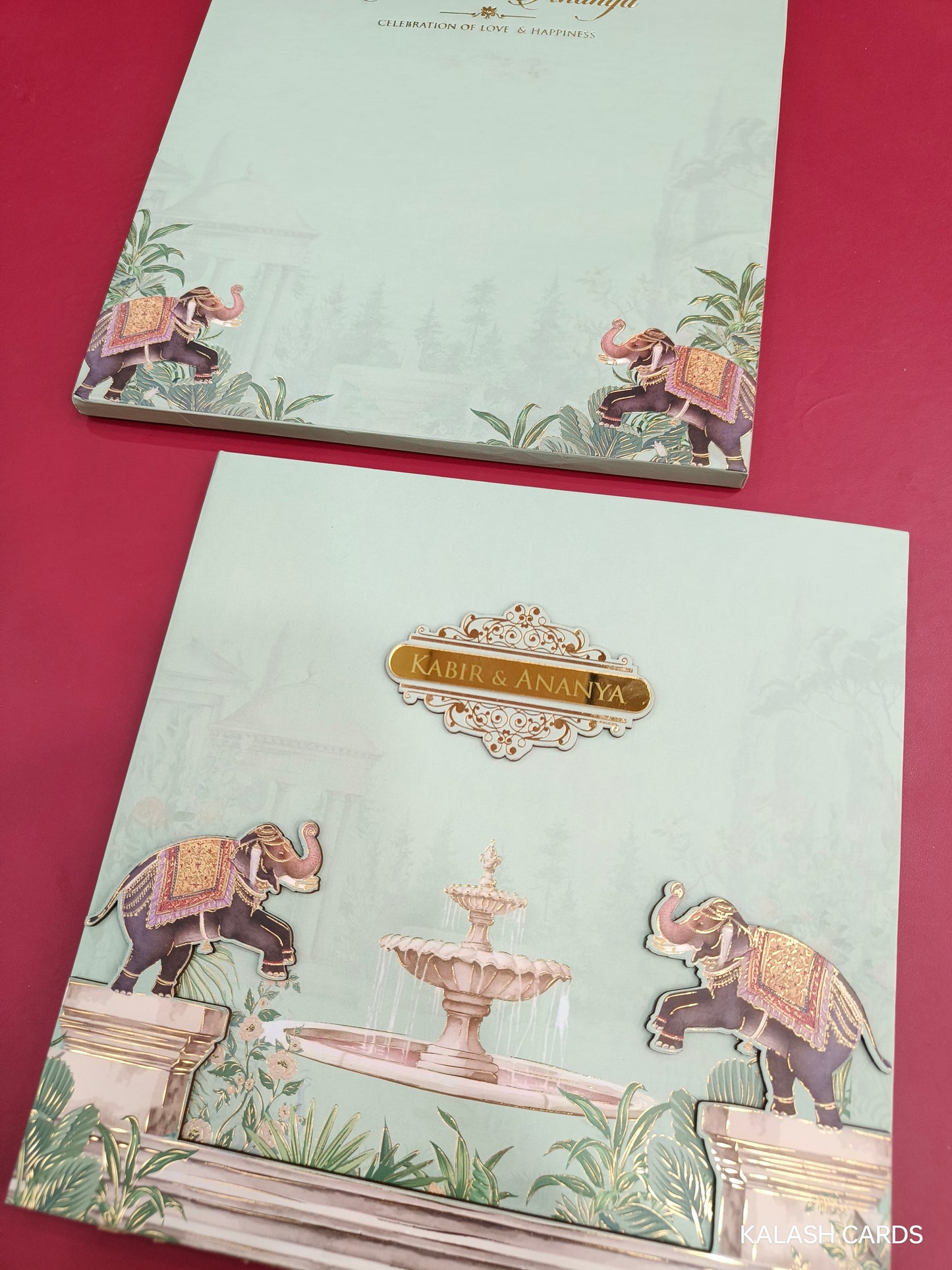 KLB721 Luxury Royal Elephant Design Harbound Padding Thick Wedding Card with Couple Name Acrylic Mirror-Kalash Cards