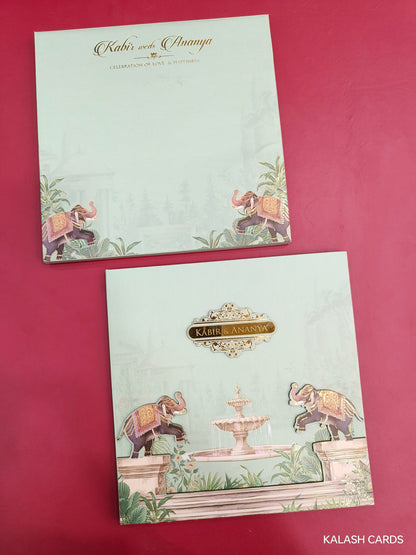 KLB721 Luxury Royal Elephant Design Harbound Padding Thick Wedding Card with Couple Name Acrylic Mirror-Kalash Cards