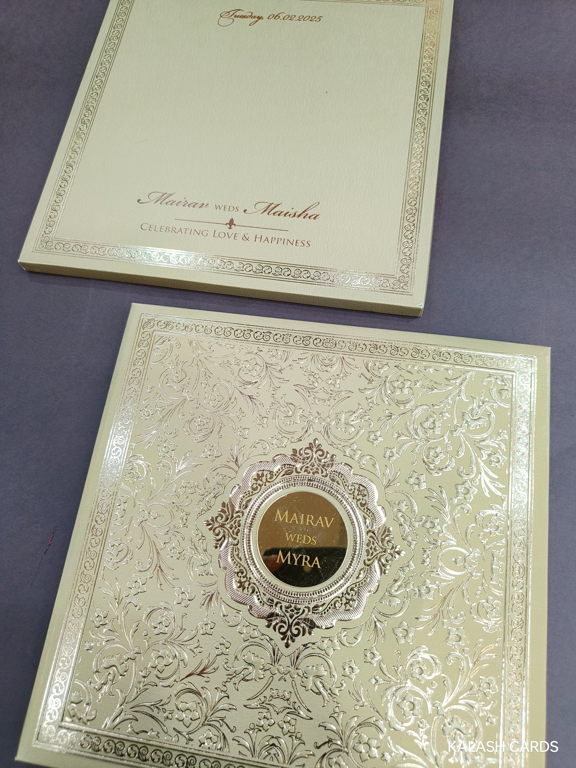 KLB722 Traditional Floral Embossed Design Harbound Padding Thick Wedding Card with Couple Name Acrylic Mirror-Kalash Cards