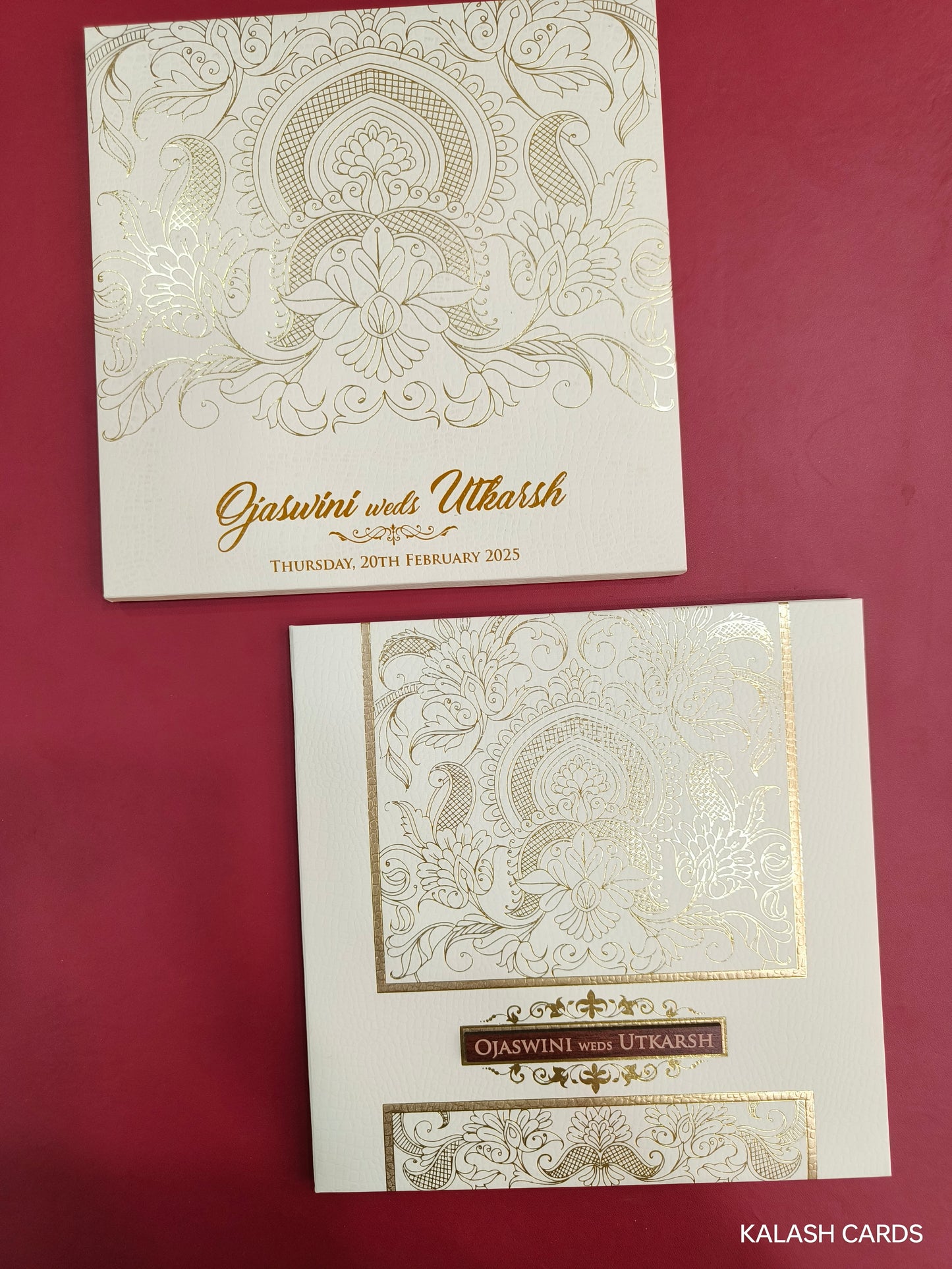 KLB724 Floral Design Harbound Padding Thick Wedding Card with Couple Name Wooden Plate-Kalash Cards