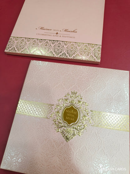 KLB726 Floral Embossed Design Harbound Padding Thick Wedding Card with Couple Name Acrylic-Kalash Cards