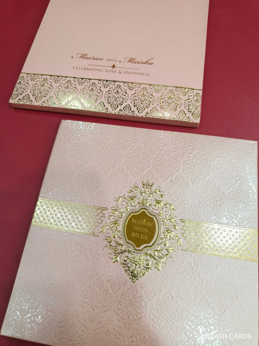 KLB726 Floral Embossed Design Harbound Padding Thick Wedding Card with Couple Name Acrylic-Kalash Cards