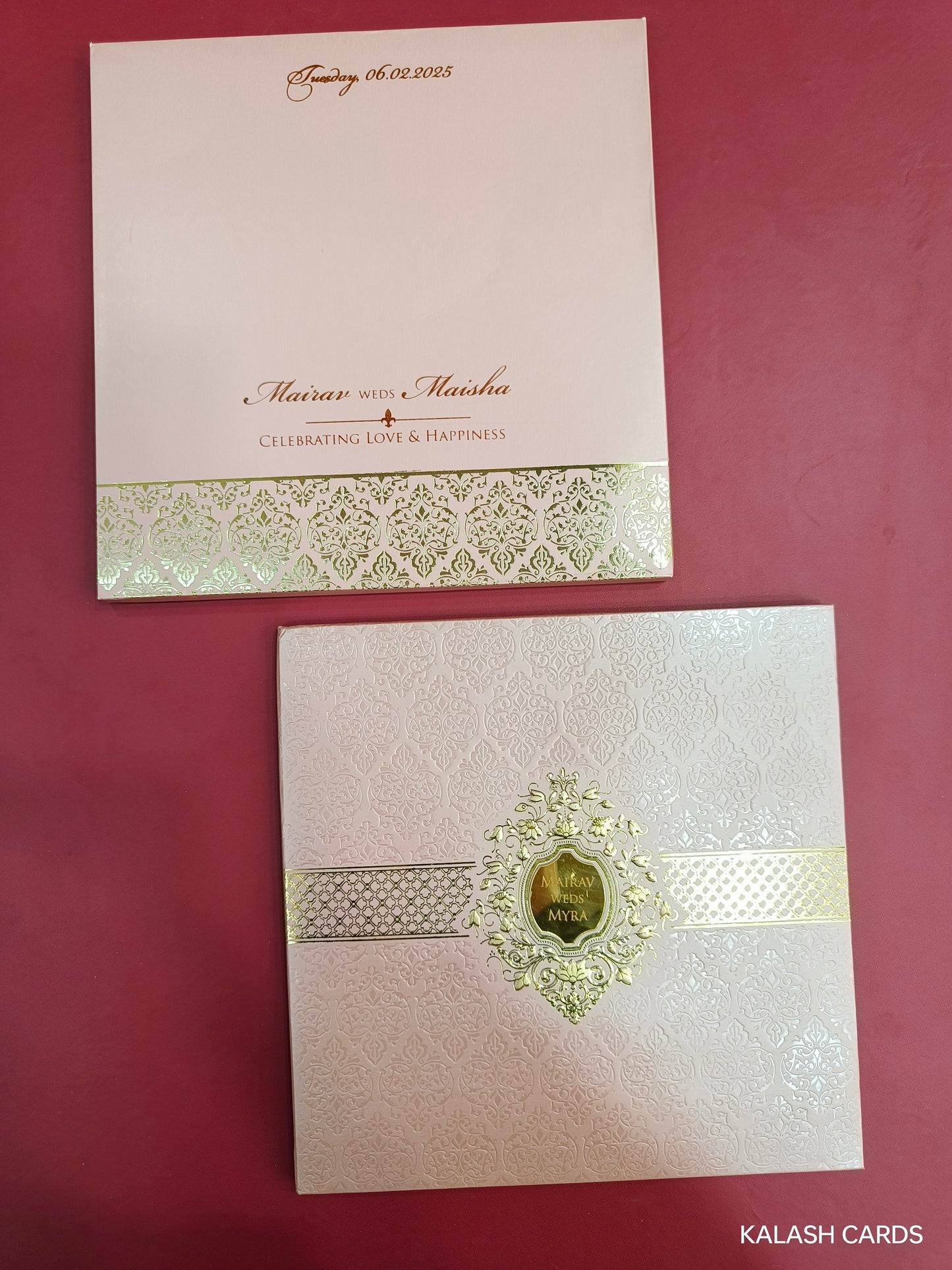 KLB726 Floral Embossed Design Harbound Padding Thick Wedding Card with Couple Name Acrylic-Kalash Cards