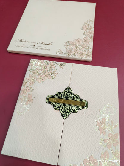 KLB727 Floral Embossed Design Harbound Padding Thick Wedding Card with Couple Name Acrylic-Kalash Cards