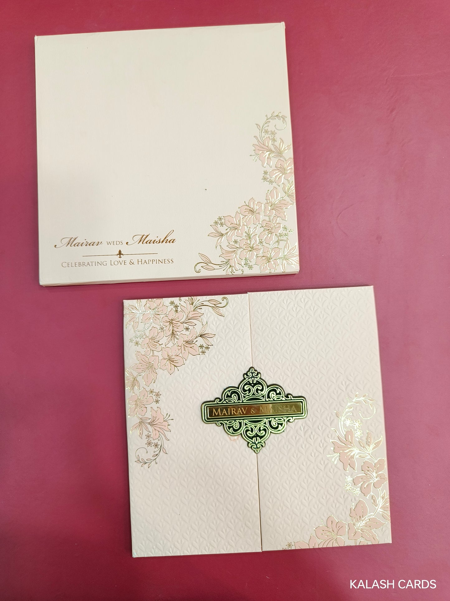 KLB727 Floral Embossed Design Harbound Padding Thick Wedding Card with Couple Name Acrylic-Kalash Cards