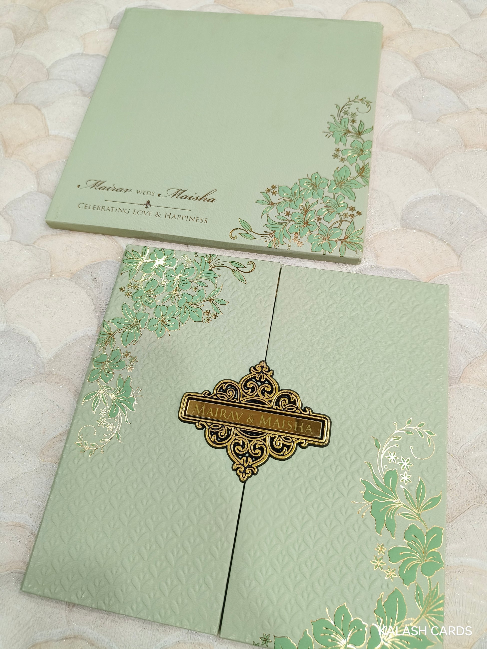 KLB728 Floral Embossed Design Harbound Padding Thick Wedding Card with Couple Name Acrylic-Kalash Cards