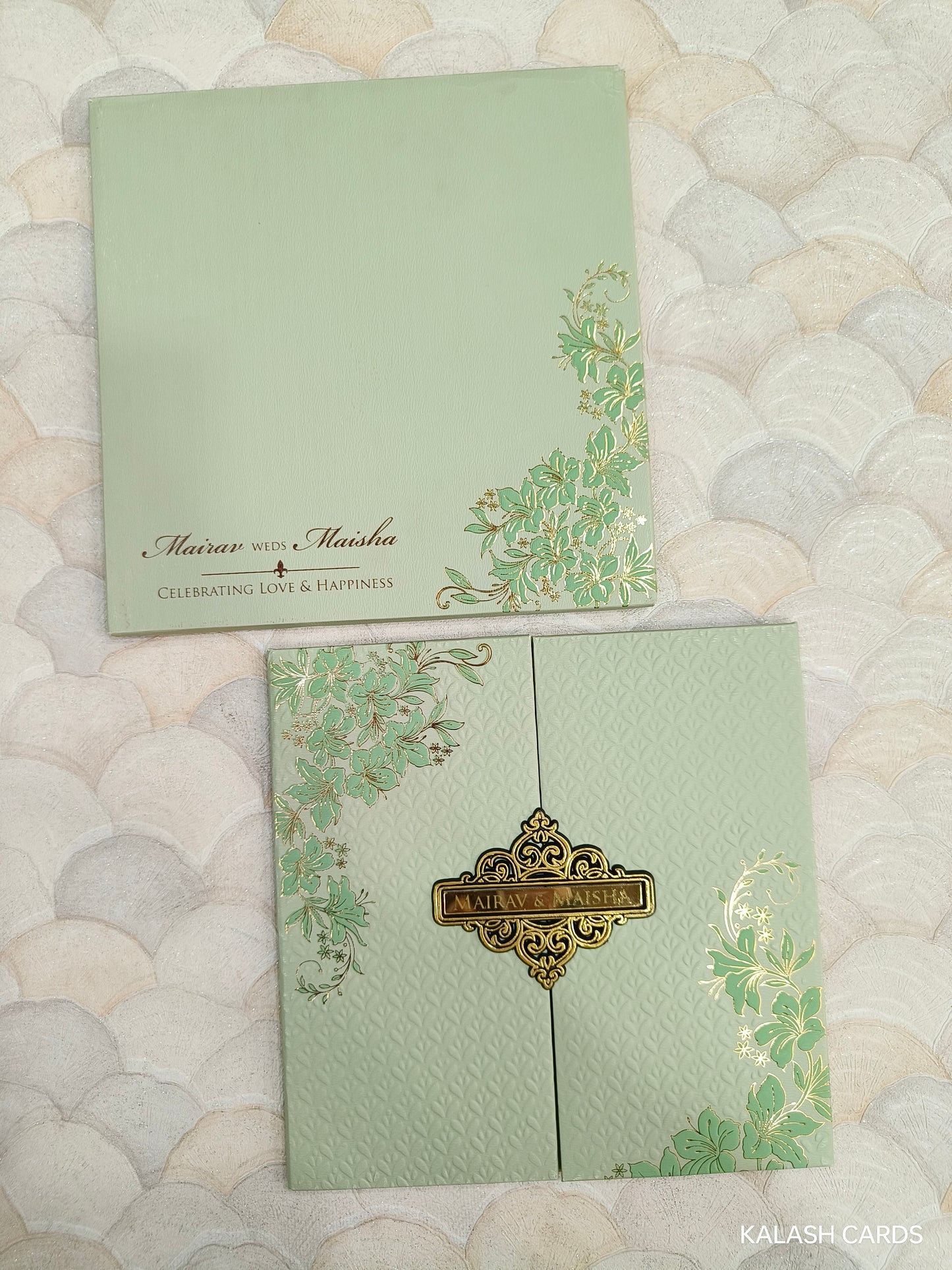 KLB728 Floral Embossed Design Harbound Padding Thick Wedding Card with Couple Name Acrylic-Kalash Cards